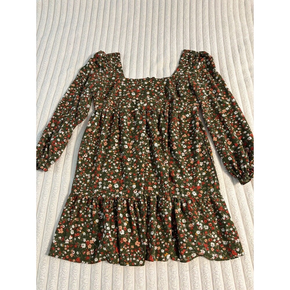 BCBG Paris Square neck tiered puff sleeve ditsy floral dress women XL dark green